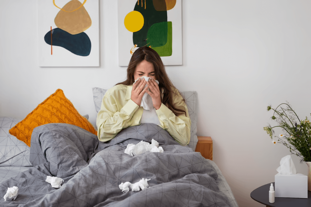 mladá žena leží v posteli s alergiou